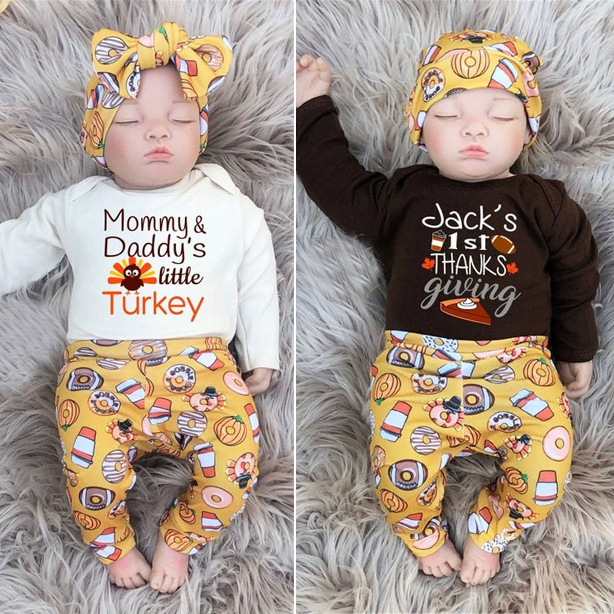 Haokaini Baby Boy Girl Romper Onesie Turkey Cartoon Pants Hat 3Pcs Clothes Set Coffee