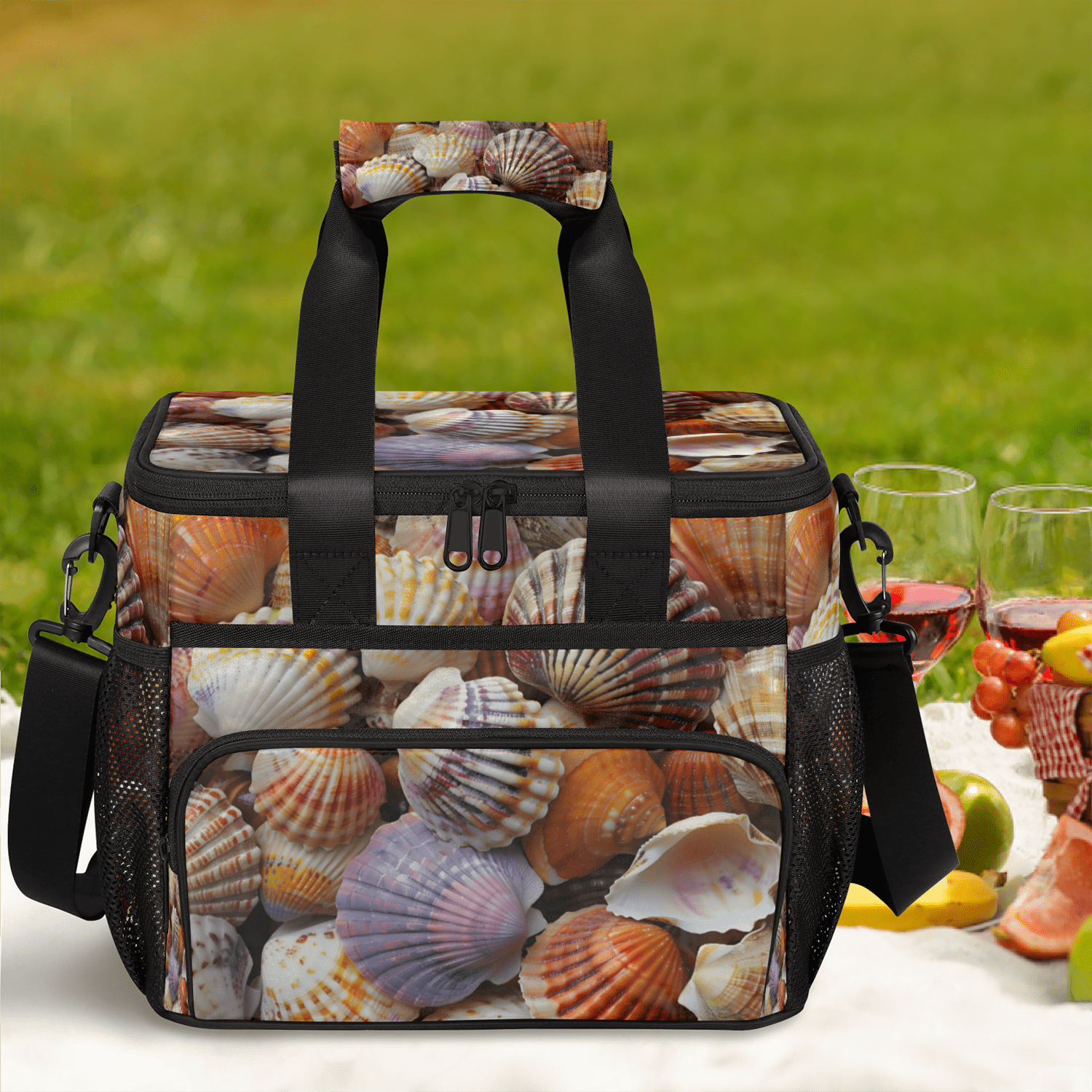 Herdesigns Seashells Beach Themed Large Lunch Box for Adults Women Men with Adjustable Shoulder Strap, Insulated Reusable Lunch Bag Leakproof Cooler Tote Bag