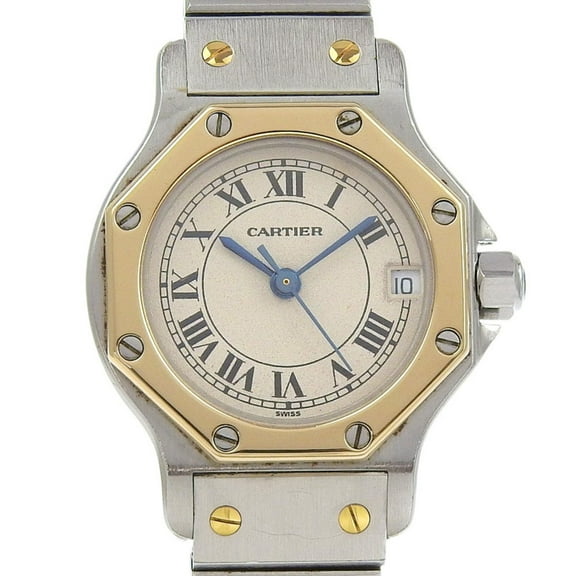 Pre-Owned Cartier Santos Octagon SM Watch, cal. 87, Stainless Steel with Yellow Gold... (Good)