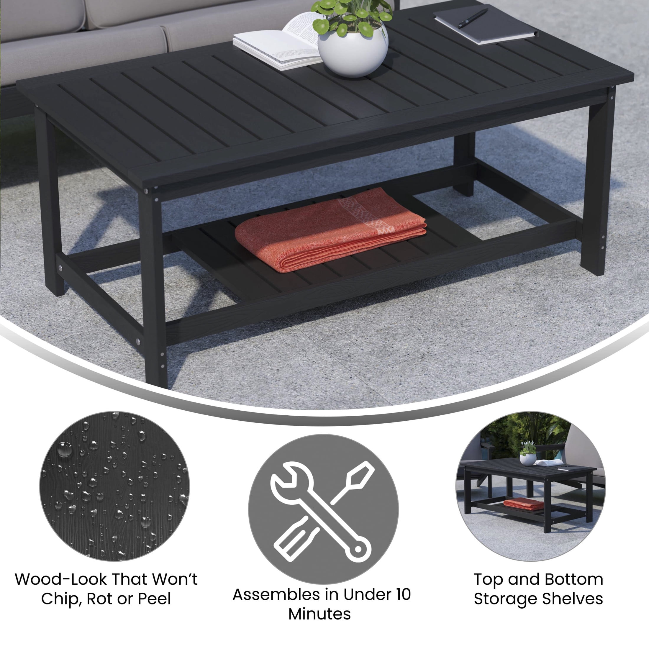 Merrick Lane All-Weather Poly Resin Wood Two Tiered Adirondack Slatted Coffee Conversation Table in Black