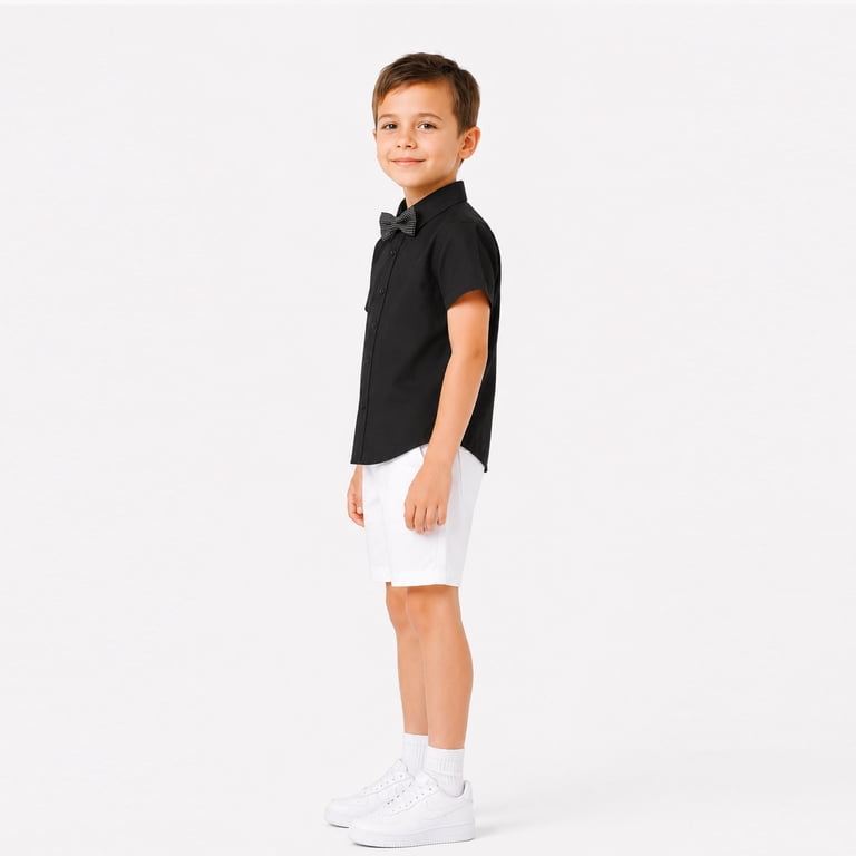 4t black dress shirt Littlespring Toddler Black Dress Shirt for Boys Short Sleeve Uniform Shirt Button Down with Bow Tie Solid 4T, Toddler Boy's