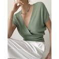 thumbnail image 6 of Gynyvoja Women'S V-Neck Wrap Front Ribbed Knit Short Sleeve Fitted Cropped Sweater Tos Gray-Green S, 6 of 7