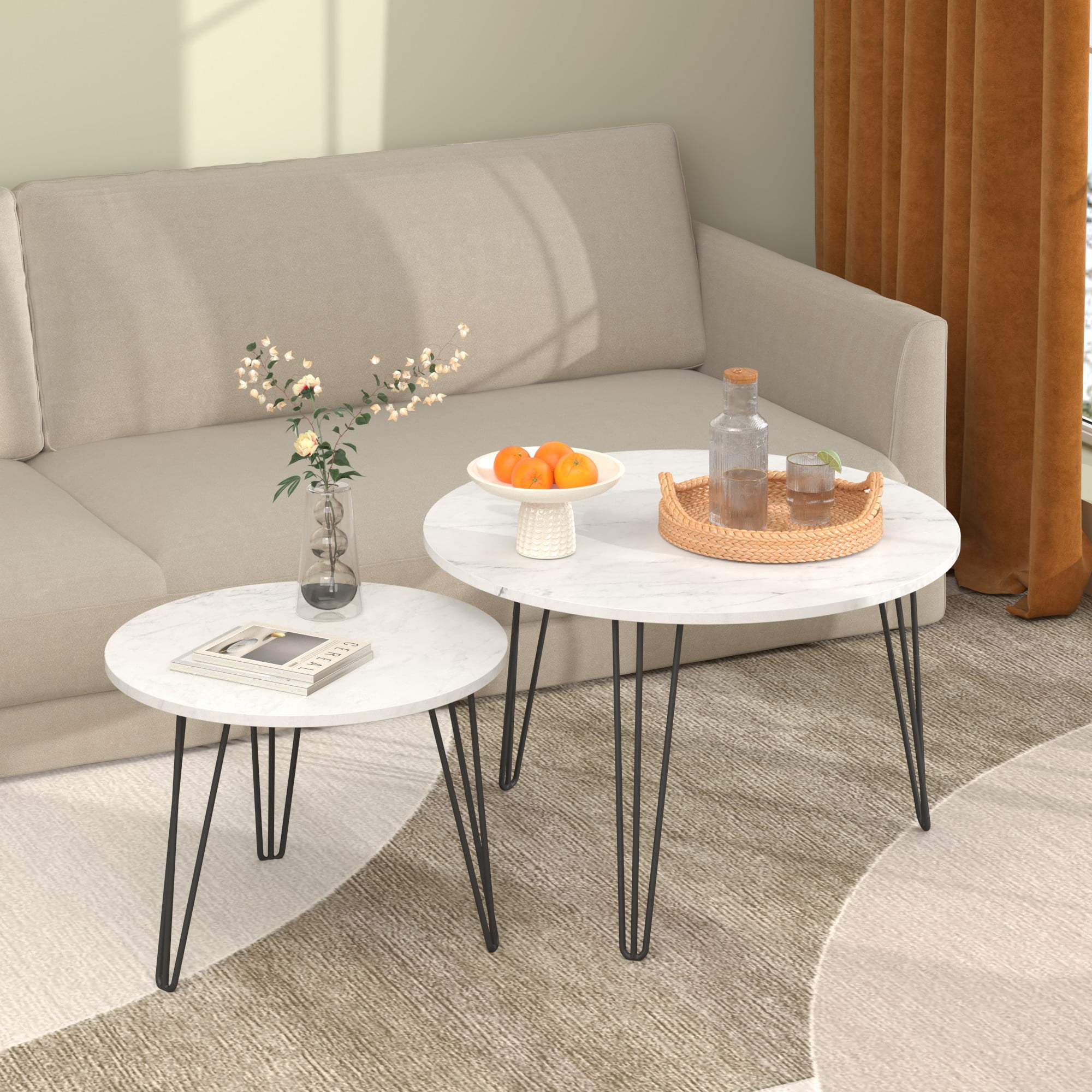 27.56'' Round Nesting Coffee Table Set of 2,Wooden End Table Set, with Metal Base for Living Room,Bedroom,White