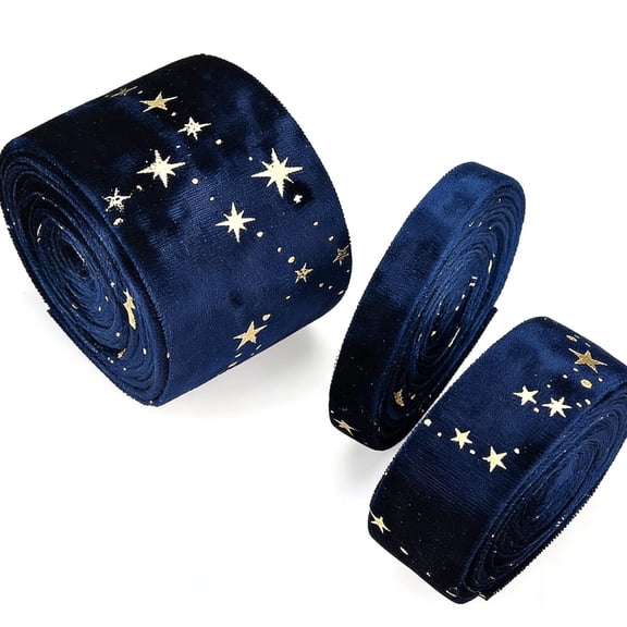 6.6 Yards 3 Sizes Velvet Ribbons with Star Pattern Drak Blue Double Faced Velvet Ribbon for Sewing Craft, Mother's Day Festival Gift Package (3/8 inch, 1 inch, 2 inch)