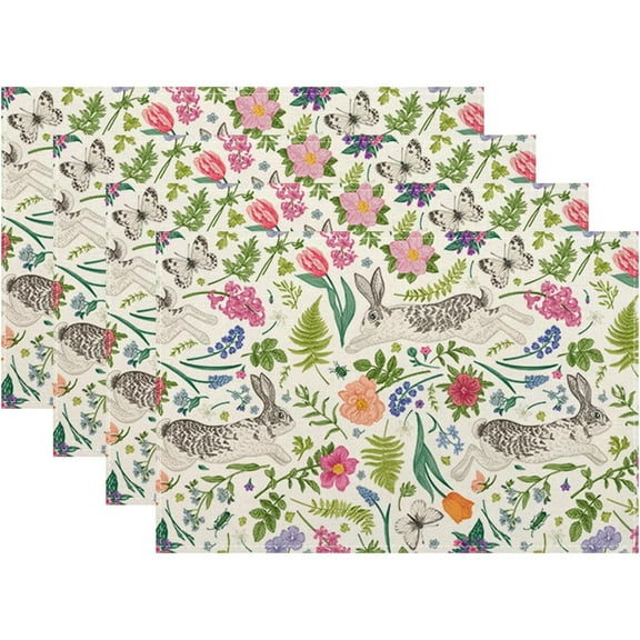 Spring Floral Placemats 12x18 Inches Set of 4, Spring Easter Pink Green Rabbit Flower Decorative Rectangle Table Mats for Party Home Kitchen Dining Table Decor
