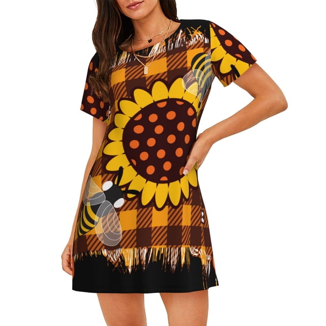 Easygdp Sunflower Gnomes and Bees Camisón de manga corta para mujer, informal, estampado