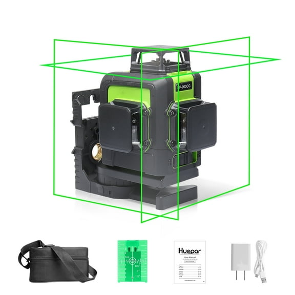 Huepar 3D Cross Line Laser Level 3 x 360 Green Beam Self-Leveling Laser Level Tools with Li-ion Battery and Magnetic Pivoting Base