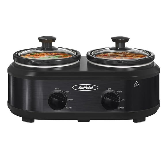 Sunvivi Double Slow Cooker,2 Pot Small Mini Crock Buffet Servers and Warmer,Dual Pot Oval Manual Slow Cooker with Adjustable Temp Removable Ceramic Pot,Stainless Steel, Total 2.5 Quarts