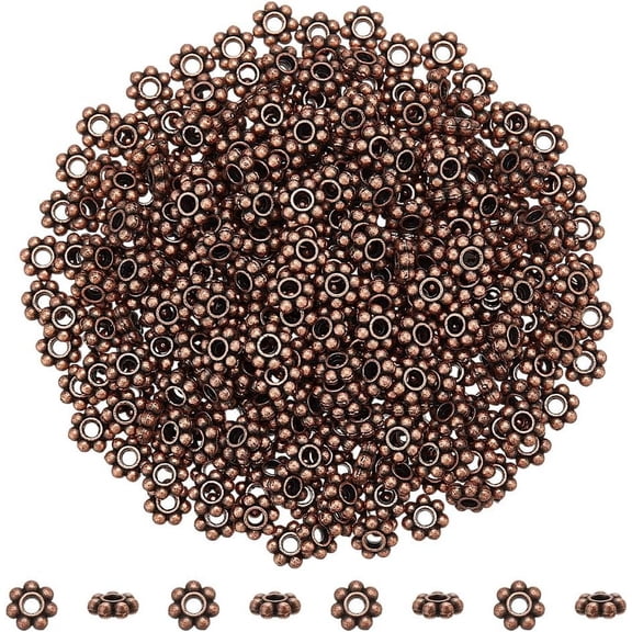1 Set 300pcs Flower Spacer Beads Daisy Spacer Beads Floral Loose Beads Tibetan Style Alloy Beads 6mm Metal Beads Red Copper Beads for Earring Bracelet Necklace Jewelry Making Hole: 1.5mm