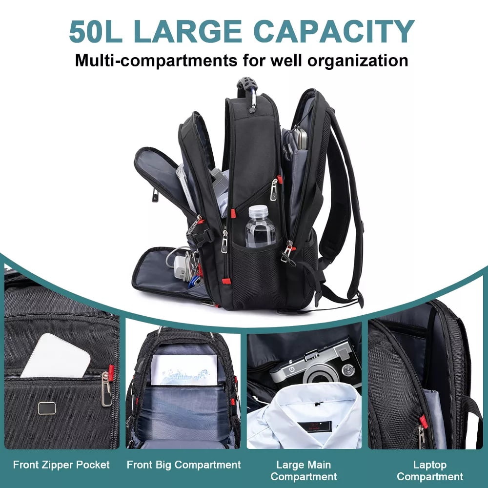Fenbeli Extra Large 50L Travel Laptop Backpack, TSA Approved Carry On Backpack with USB Charging Port, Water Resistant College School Business Work Backpack for Men & Women, Black