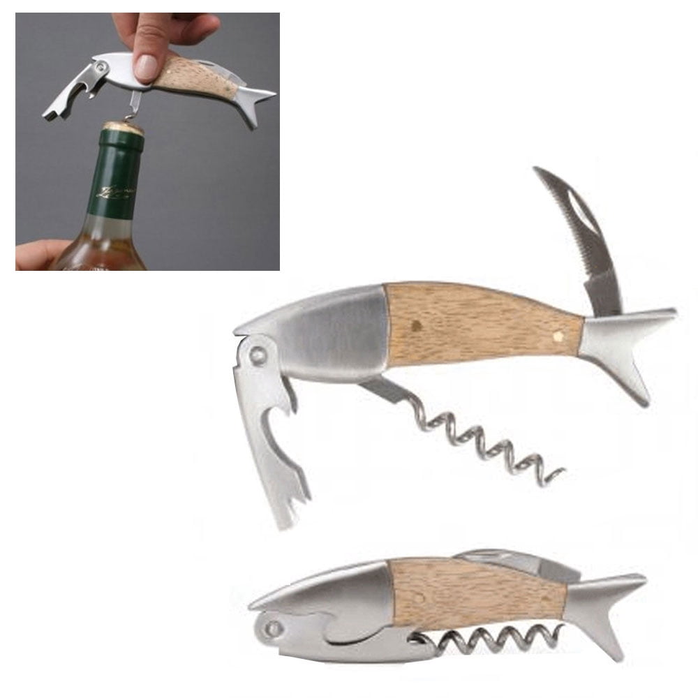 Kikkerland Fish Corkscrew Wood Stainless Steel Drink Tool Wine Bottle Opener New 