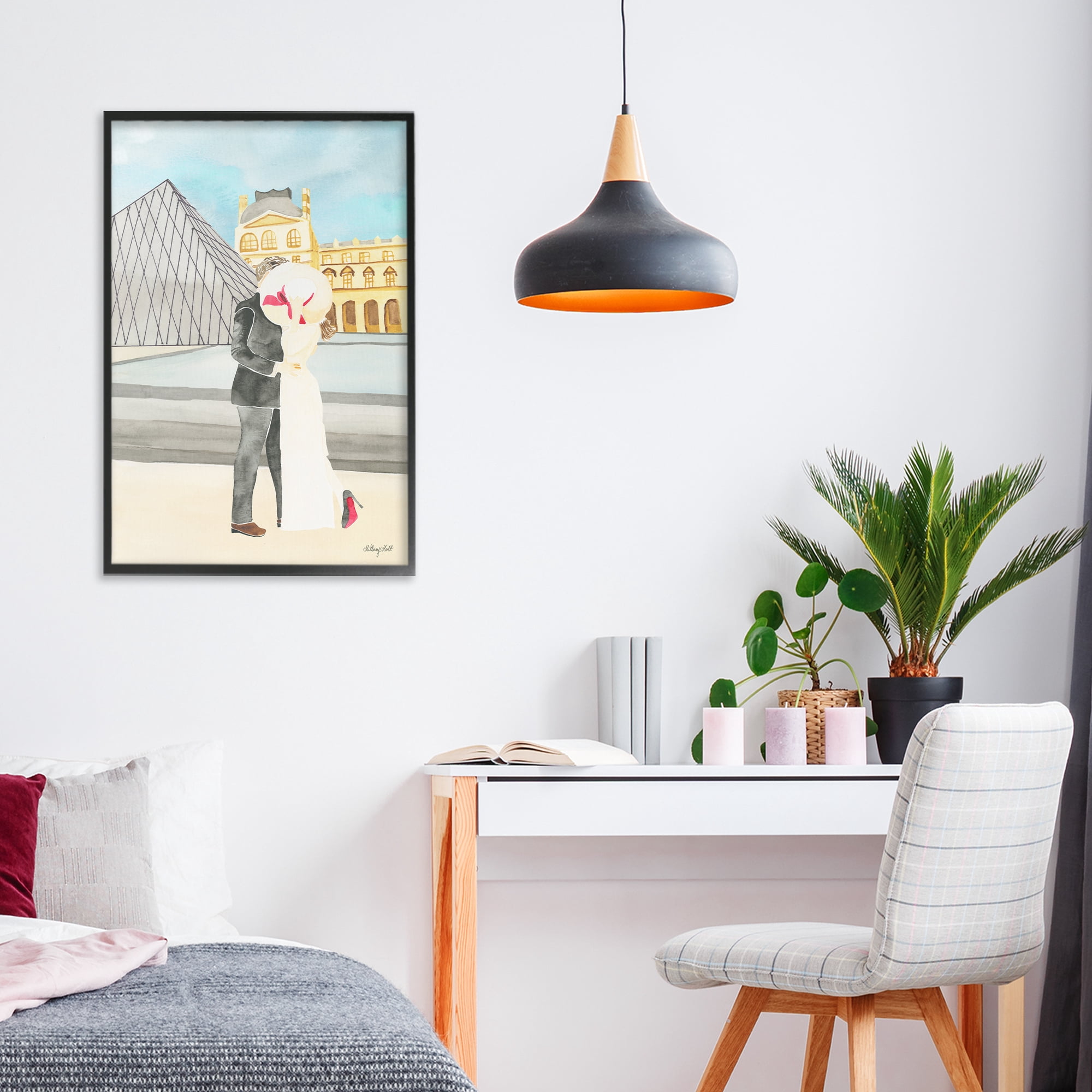 Stupell Industries Couple Embrace At The Louvre Black Framed Giclee Art, design by Hillary Holt