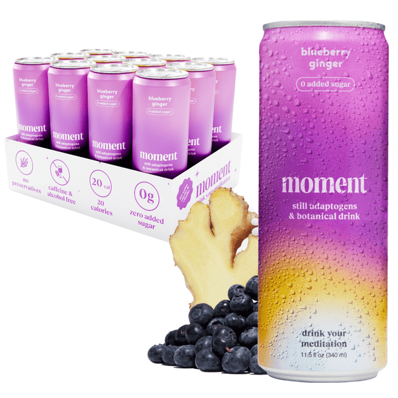 Moment Adaptogen Drink Blueberry Ginger Still, 11.5 Oz, 12 Pack Cans