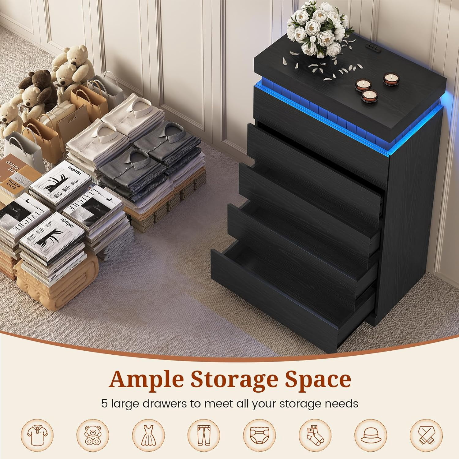 Weiplehoom Black 5 Drawer Dresser with Power Outlet & LED Lights, Modern Chest of Drawer Cabinet with Sliding Top, Floating Dressers for Bedroom, Living Room, Entryway, Hallway