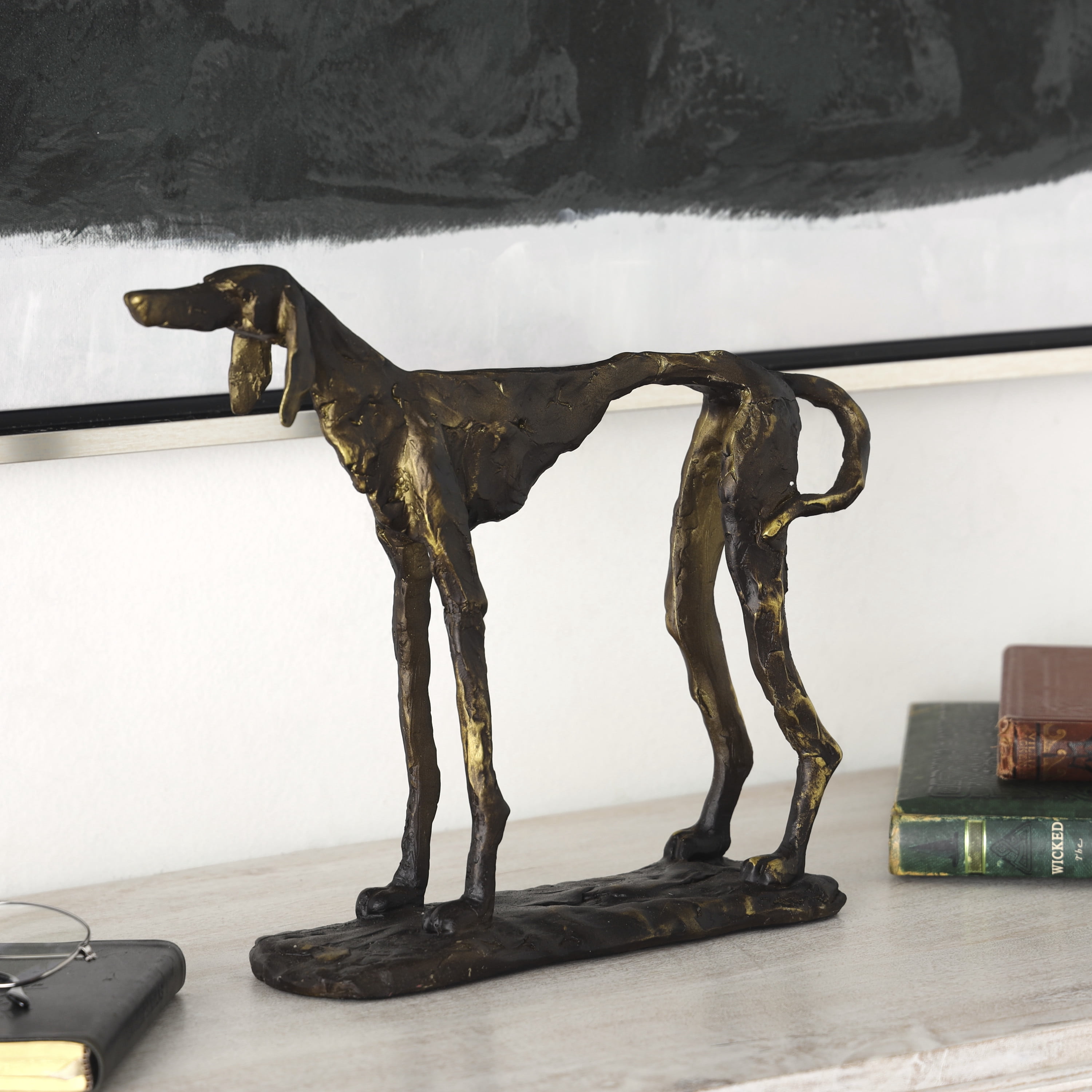 14" x 11" Bronze Polystone Distressed Slim Frame Dog Sculpture with Gold Accents, by DecMode