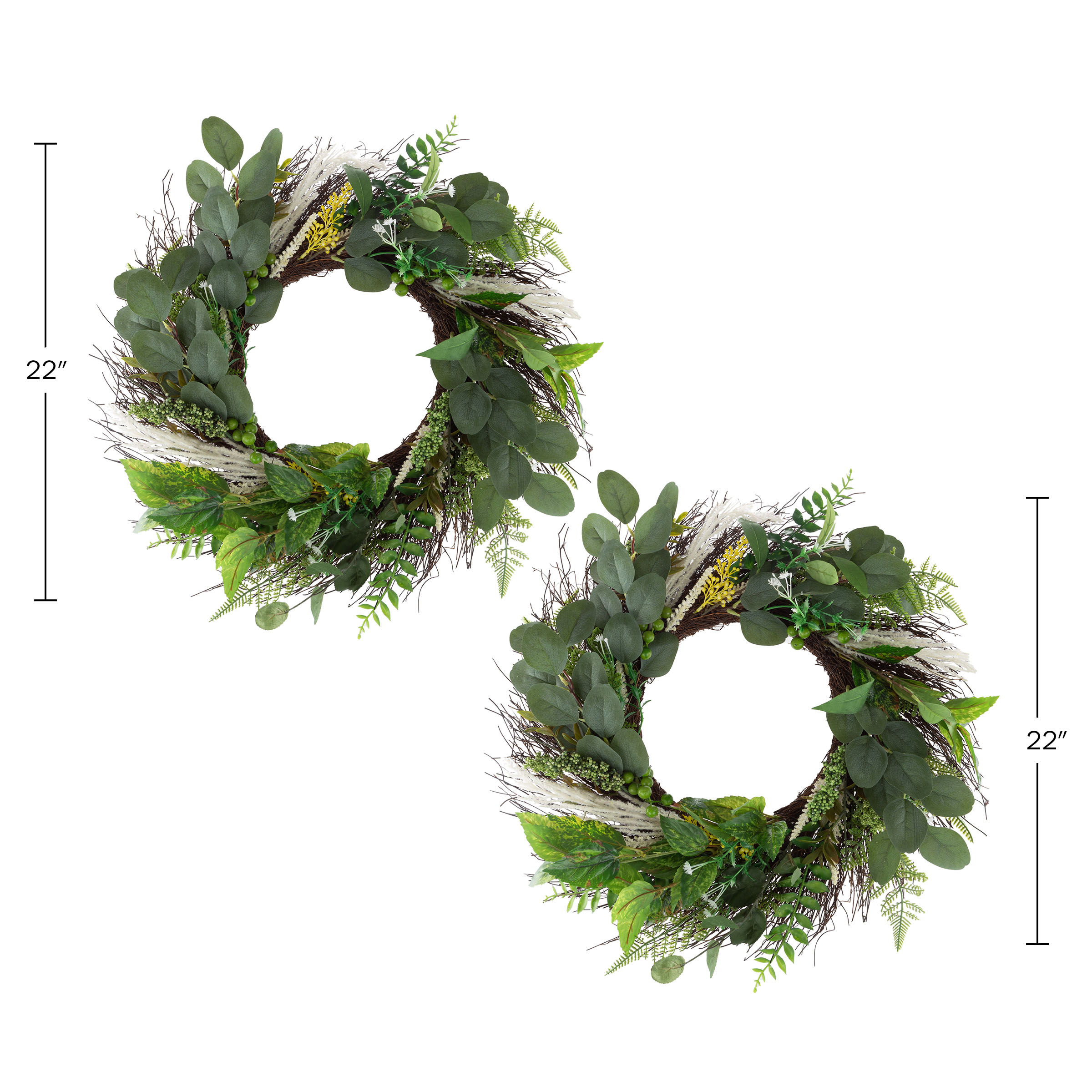 Pure Garden Set of Two 22-Inch Artificial Sweet Anne Eucalyptus Wreaths