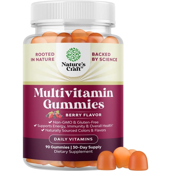 Natures Craft Organic Multivitamin Gummies for Men and Women, Berry Flavor, 90 Count