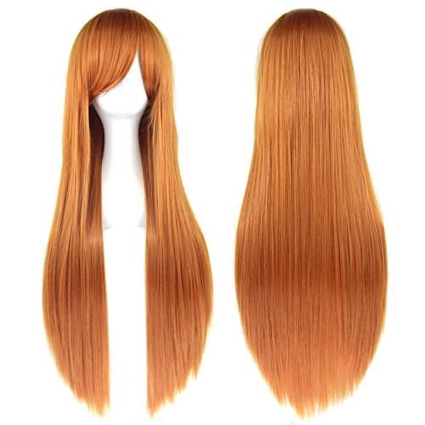 Zhuge Pelucas de cabello natural liso de 80 cm de largo con flequillo para cosplay, peluca colorida para fiesta de disfraces de Halloween para niña (naranja)