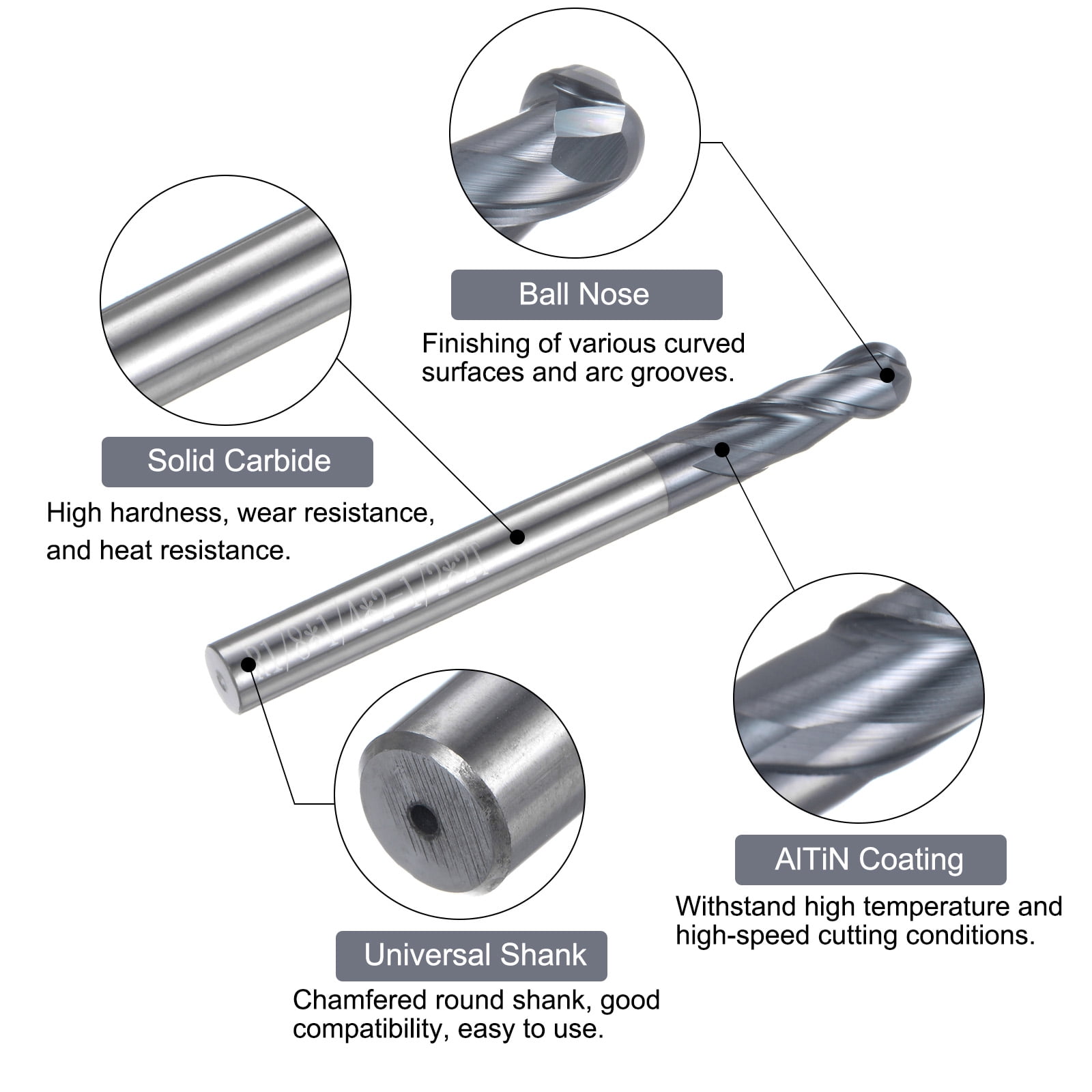 Uxcell Ball Nose End Mill 1/8" Radius 1/4" Shank Solid Carbide AlTiN Coated Upcut 2 Spiral Flutes
