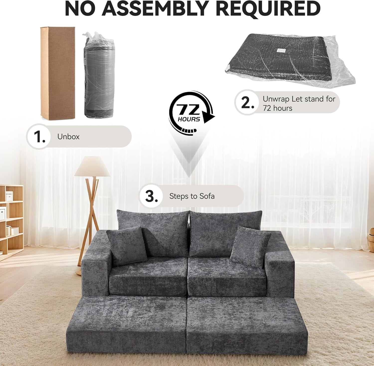79" Boneless Cloud Loveseat Sofa with Ottoman, Modular Chenille Convertible Floor Couch Bed, No Assembly, Dark Gray