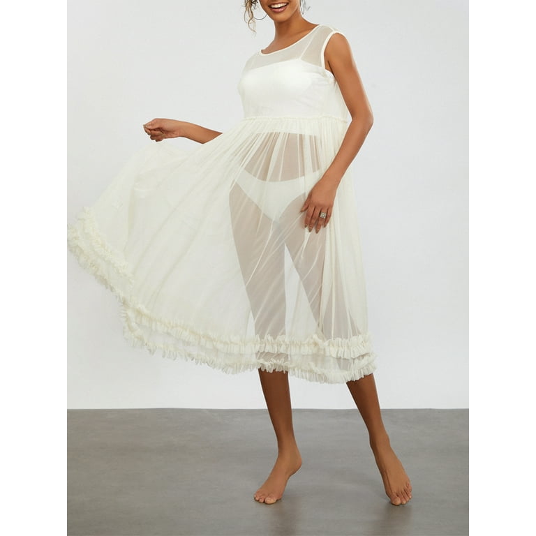 Musuos Women's Sheer Mesh Midi Dress Solid Color Crew Neck Ruffles