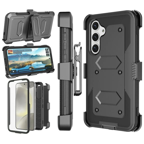 Galaxy S24 / S24 Plus Case, Samsung Galaxy S24 Holster Clip, Tekcoo [Tshell] Shock Absorbing [Coal Black] Secure Swivel Locking Belt Defender Heavy Full Body Kickstand Carrying Tank Armor Cases Cover