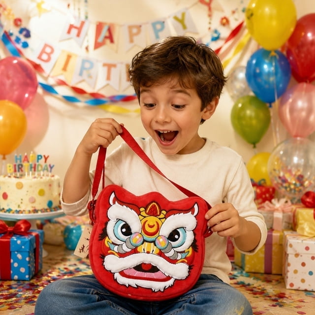 Bolso cruzado de peluche de Danza del León China para niños con bordado tradicional, correa ajustable, pequeño almacenamiento para festivales y regalos.