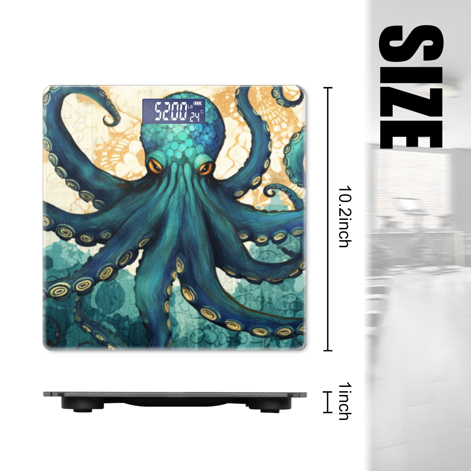 Bathroom Scale, Highly Accurate Digital Body Scale,Precisely Measures Weight up to 400 lbs-Teal Octopus With Intricate Patterns On Tentacles