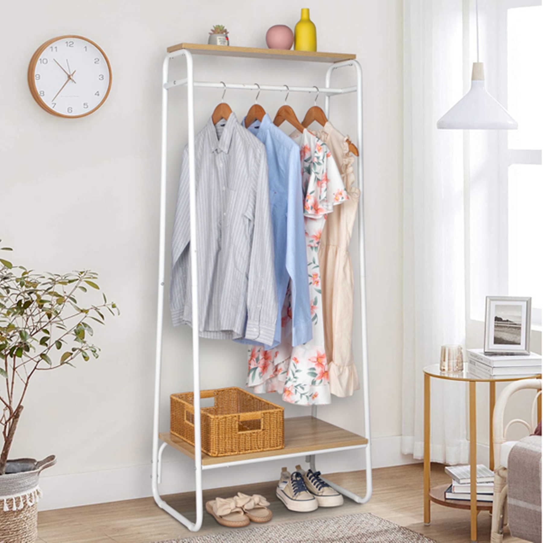 YAPENG Clothes Rack with Wood Shelf, Freestanding Clothing Rack，Garment