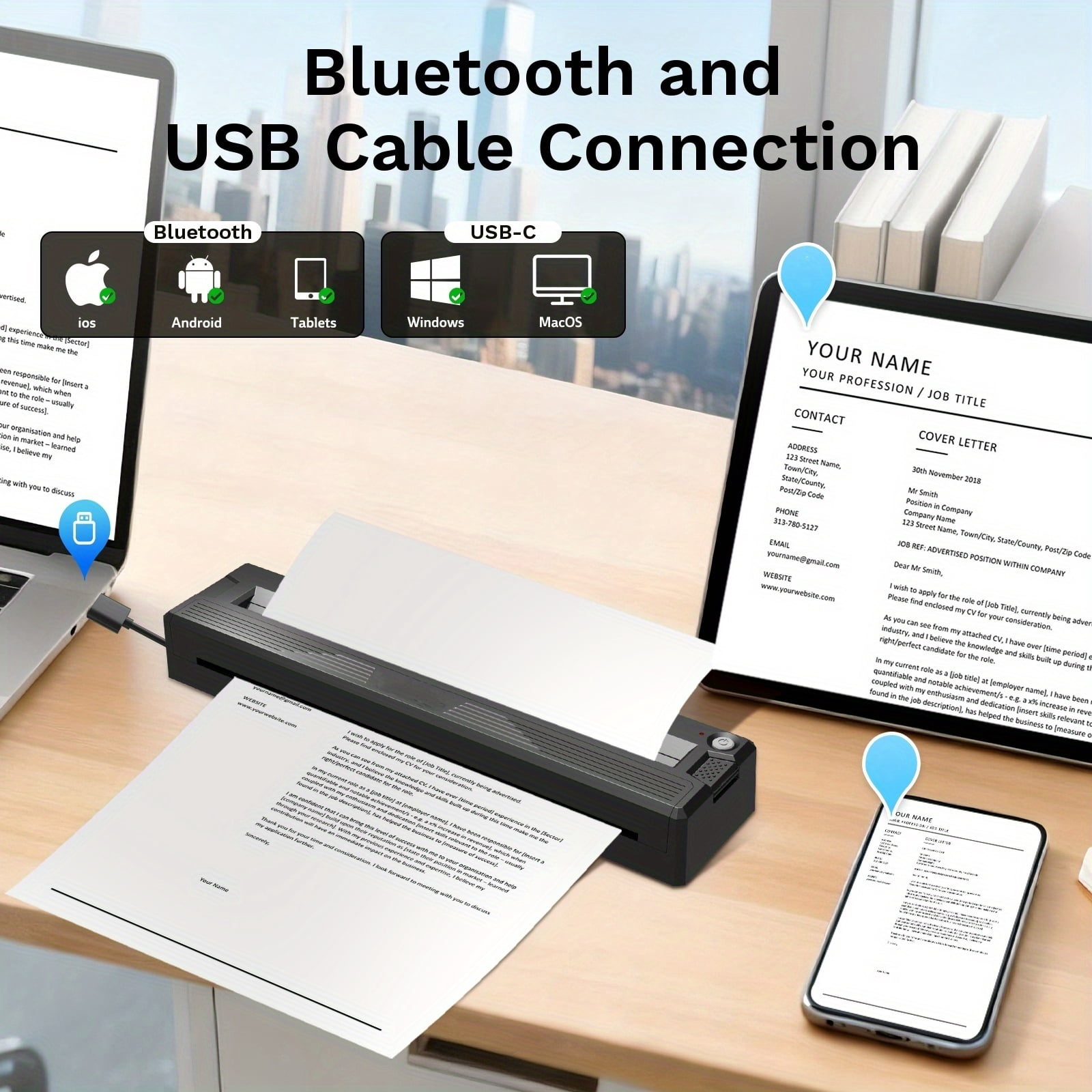 2026 Upgraded Portable Wireless Thermal Printer, Inkless Travel Printer for A4,A5,US Letter&Legal Paper, Compatible with iOS Android Phone Laptop, Includes 10pcs Thermal Paper