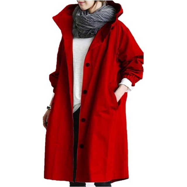 Women Windbreaker Jacket Casual Loose Button Pockets Hooded Windproof Waterproof For Outdoor Hiking