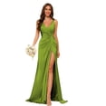 thumbnail image 3 of Vestidos de dama de honor con cuello en V y cintura fruncida de satén plisado vestido de fiesta formal YMS277, 3 of 5
