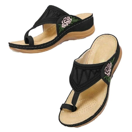 

Sandals for Women Summer Beach Sandals Round Toe Flower Mid-Heel Casual Women s Wedge Slippers Buckle Toe Sandals Women All-Match Thick Heel Sandals