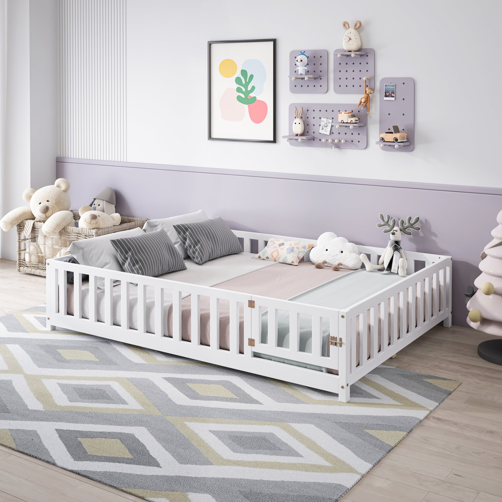 Leumius Full Size Floor Platform Bed Frame with Fence and Door for Kids, Montessori Floor Bed Frame with Support Slats for Toddlers White