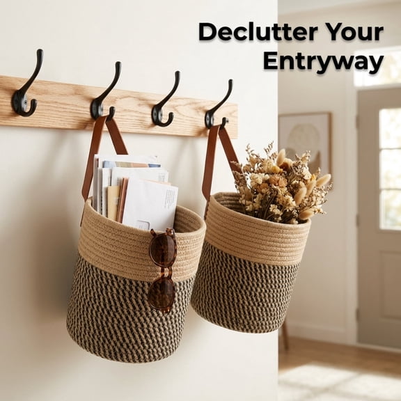 【JiyIsle】 Cotton Rope Woven Wall Hanging Storage Baskets 7.1"x7.8", Closet Shelf Organizer Bins for Plants, Towels, Toys, Bathroom Home Decor,2pack
