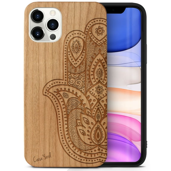 Case Yard Wooden Case Outside Soft TPU Silicone Slim Fit Shockproof Wood Phone Cover for Girls Boys Men and Women Supports Wireless Charging Half Hamsa Hand Design case for iPhone-12-Pro-Max