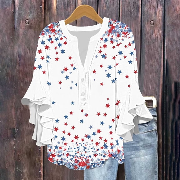Vetsdori Red White and Blue T Shirts for Women July Fourth Summer Pullover Casual Graphic,3/4 Sleeve Independence Day American Flag Juniors Tops Fashion