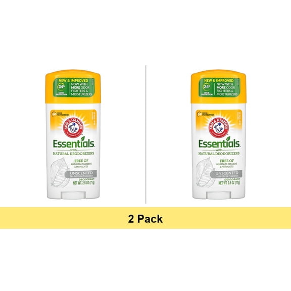 Arm & Hammer Essentials Deodorant Solid, Unscented 2.5 Ounce Each - 2 Pack