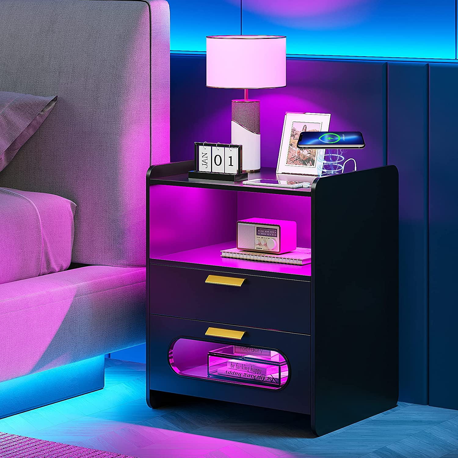 HNEBC RGB Nightstand with Wireless Charging Station & USB Modern Smart