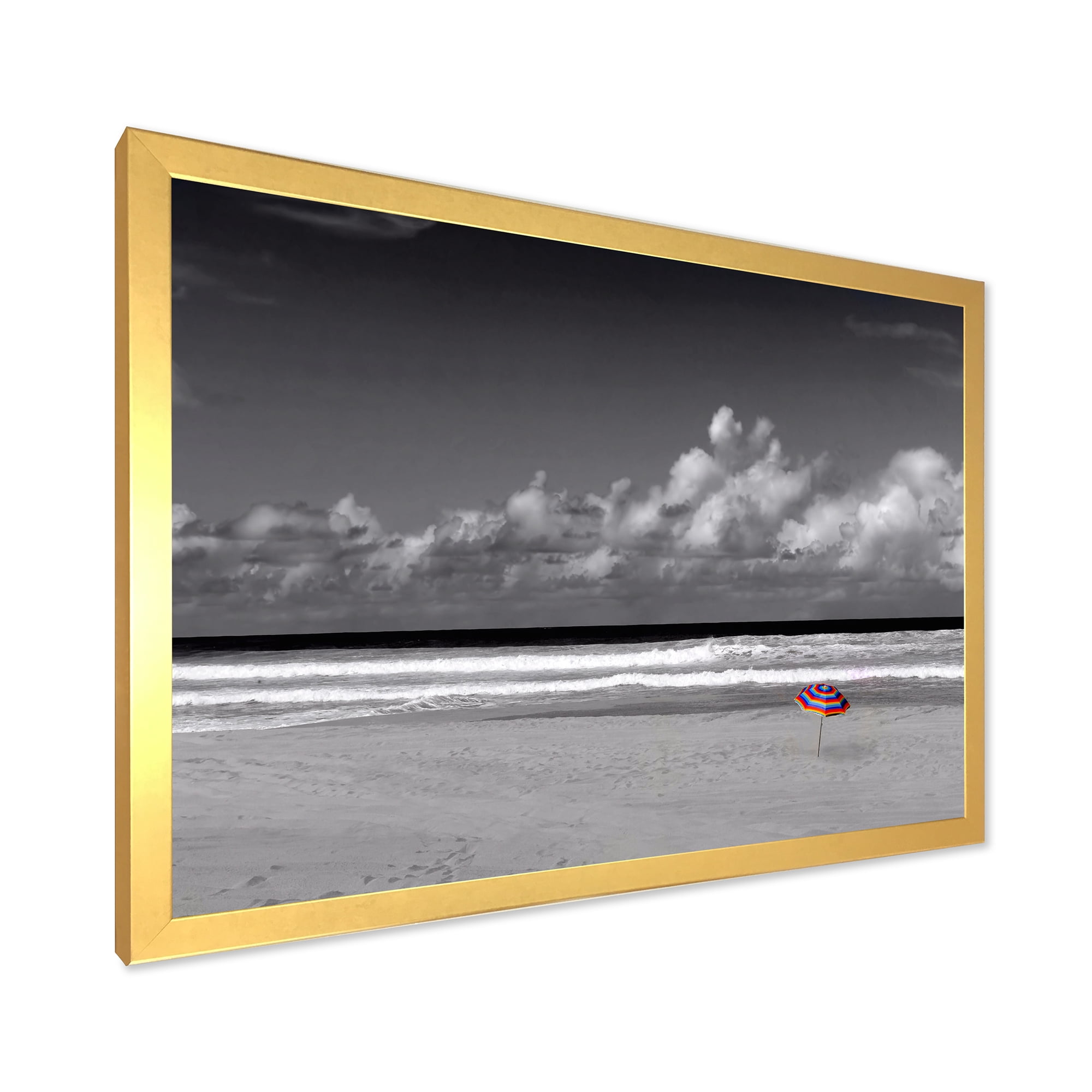 Designart 'Black and White Coastline Under Cloudy Sky' Lake House Framed Art Print