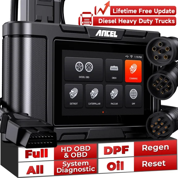 ANCEL Heavy Duty Truck Scanner DPF Regeneration Full System OBD2 Scanner for Cummins Detroit Caterpillar Paccar 2-in-1 Diesel Truck Car, Lifetime Free Update