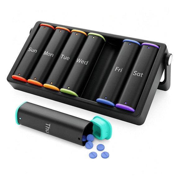 ACDANC Weekly Pill Organizer 2 Times a Day, Large Travel Pill Box 7 Day,Am Pm Twice Daily Pill Case with Rotatable Handle,Week Pill Holder Container for Vitamin Medicine Supplement Fish Oil,Black