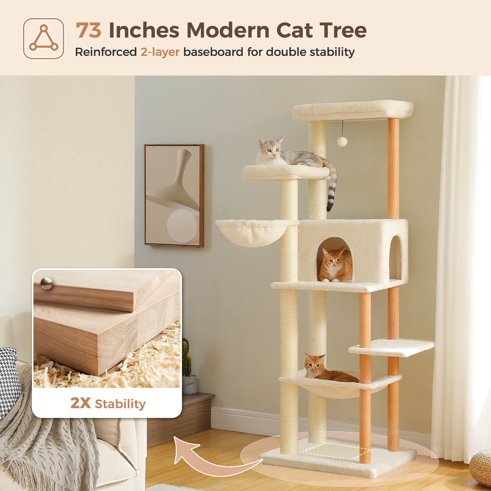 Pefilos 73" Tall Cat Tree Tower with 2 Hammocks, 2 Top Beds, 8 Fully Scratching Posts and Natural Wood Posts for Indoor Cats, Beige