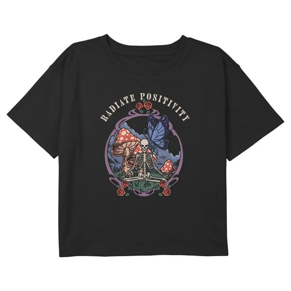 Girl's Lost Gods Radiate Positivity Skeleton Meditation Graphic Cropped T-Shirt Black X Small