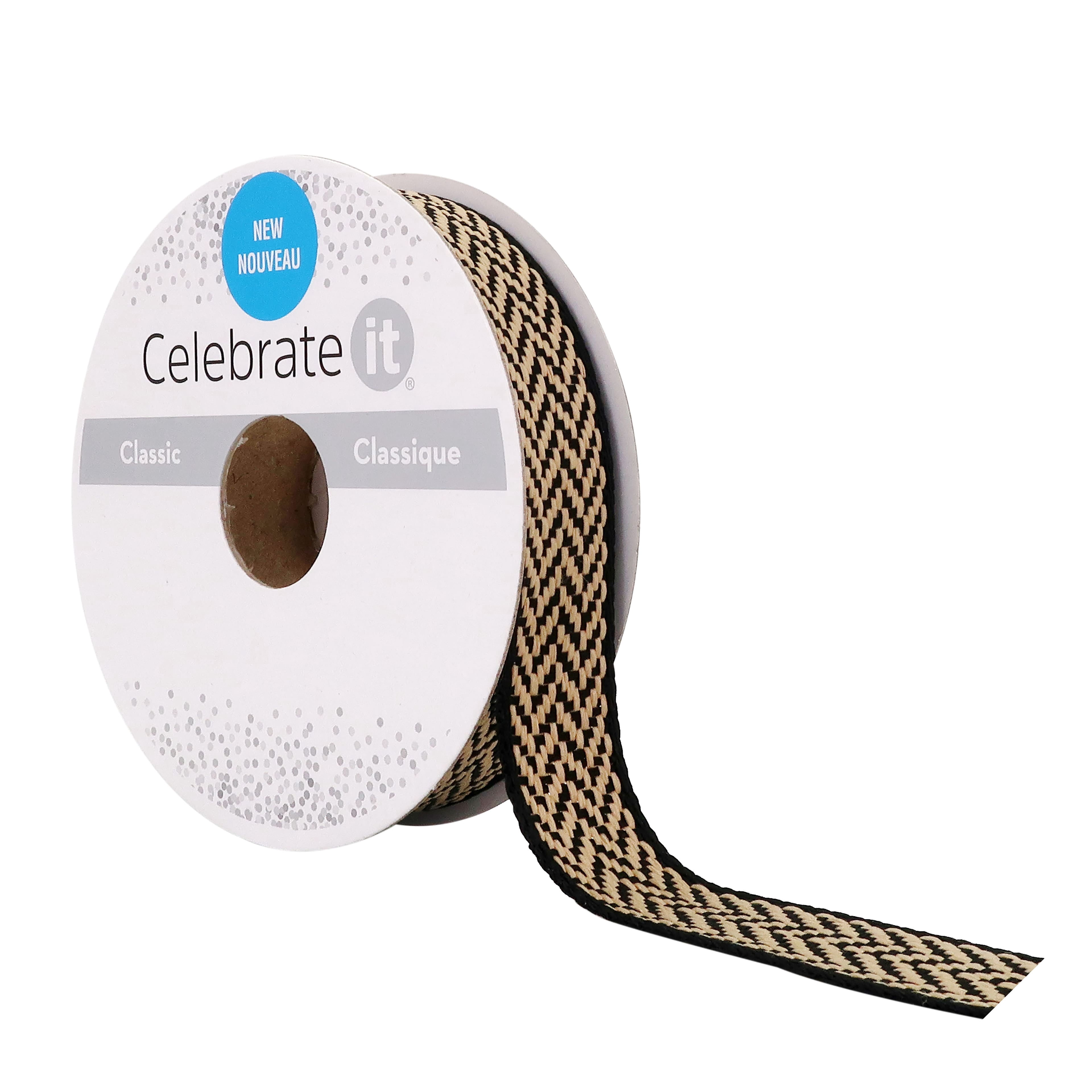 5/8" x 7yd Natural and Black Chevron Ribbon by Celebrate It – Woven Polyester Design - Non-Wired with Selvage Edge - Ideal for Crafts & Gift Wrapping - 12 Pack