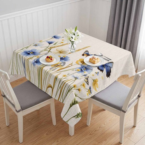 Blue Floral Table Cloth Waterproof Tablecloths, Yellow Flower Butterflies Country Plant Tablecloth Dining Table Cover for Kitchen Party Tabletop Outdoor, Square Tablecloth 54x54 Inch