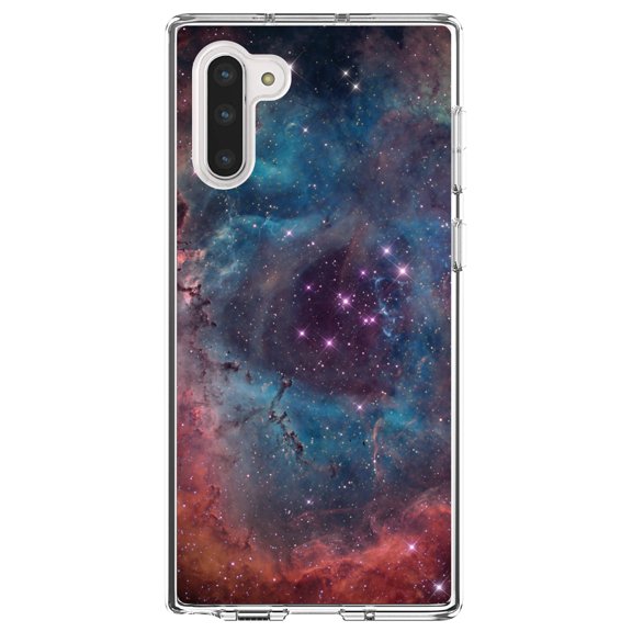 DistinctInk Clear Shockproof Hybrid Case for Samsung Galaxy Note 10 (6.3" Screen) - TPU Bumper, Acrylic Back, Tempered Glass Screen Protector - Purple Blue Pink Rosette Nebula - Astronomy