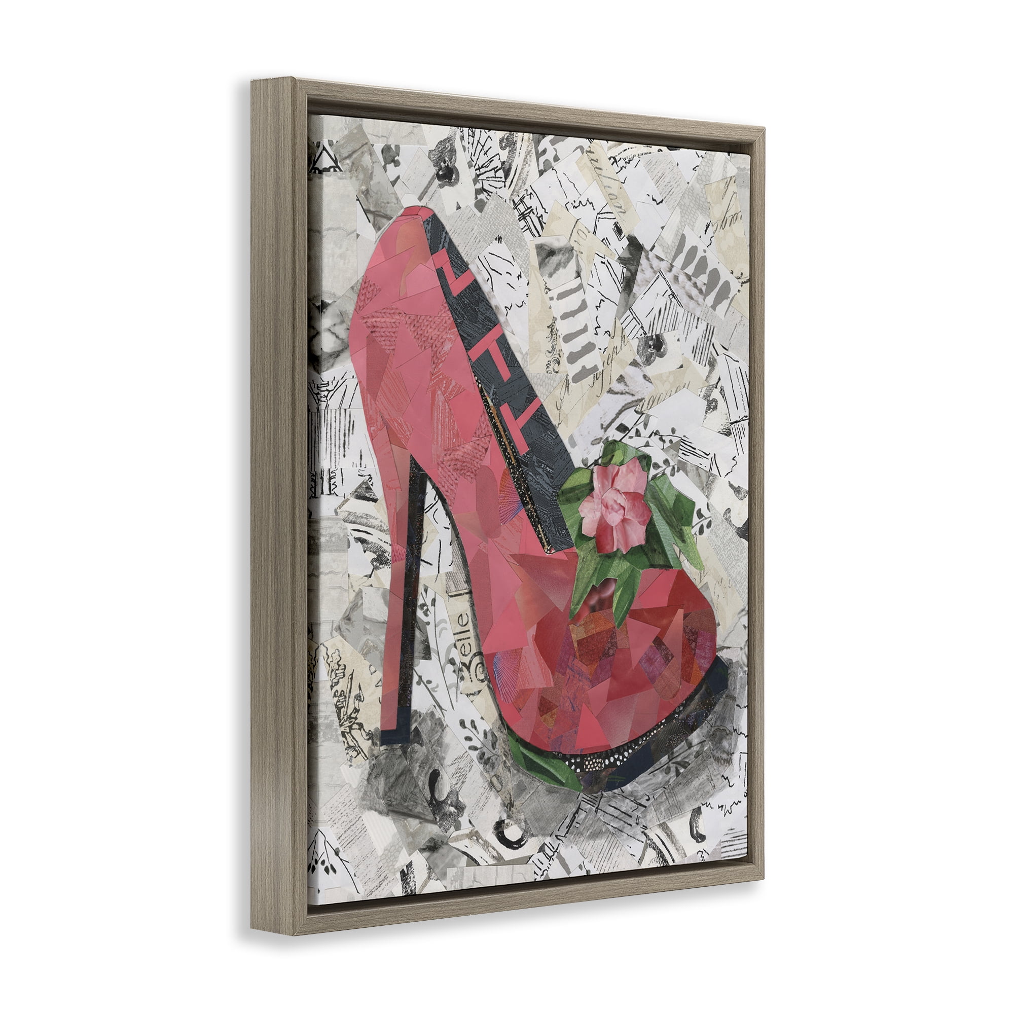 Stupell Industries Collaged Pink Heel Fashion Painting Brown Floater Framed Canvas Art Print Wall Art, 17 x 21
