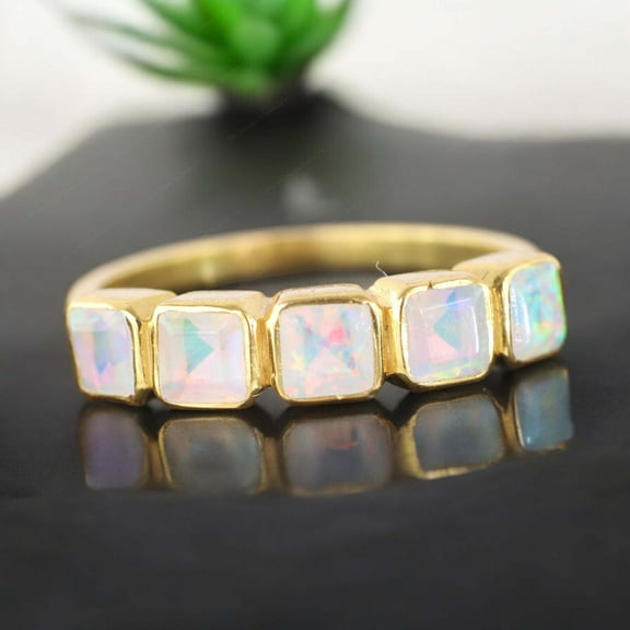 Cushion Cut Opal Wedding Band Yellow Gold Bezel Set Band October Birthstone Proposal Band Art Deco Half Eternity Stacking Matching Jewelry Christmas Gift For Mother