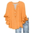 thumbnail image 2 of Orange T Shirts for Women's V Neck Tie Button Hollow Fabric Ruffled Sleeves Loose Casual Breathable Short Sleeves Fashion Clothing, 2 of 5
